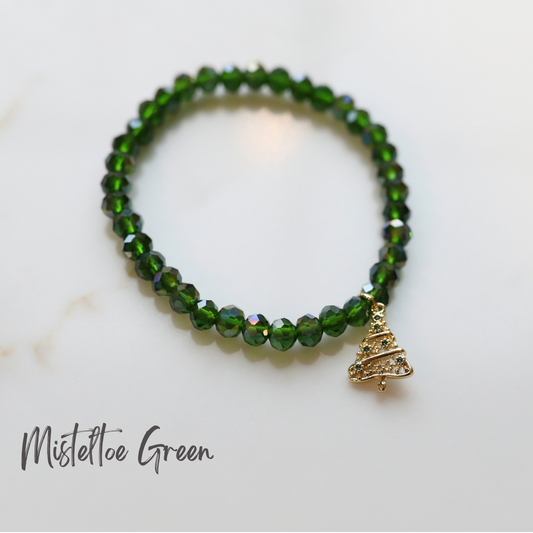 Christmas Crystal Stack Bracelet in Mistletoe Green with a Christmas tree charm
