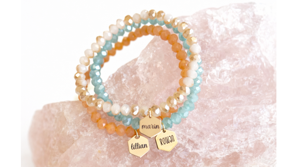 Personalized Crystal Stack Bracelets with a Gold| Engraved Charm