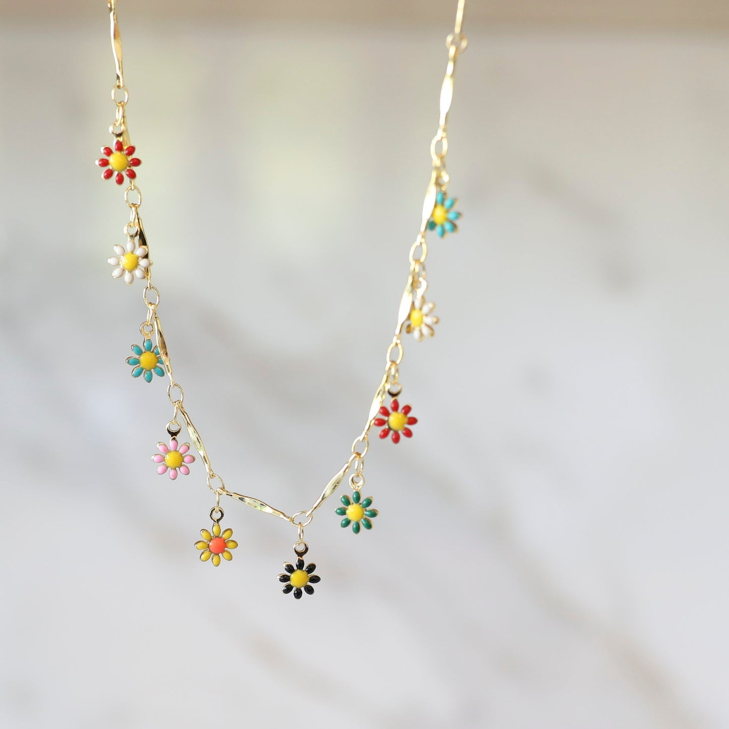 Multicolored Enamel Daisy Charm Layering Necklace 
