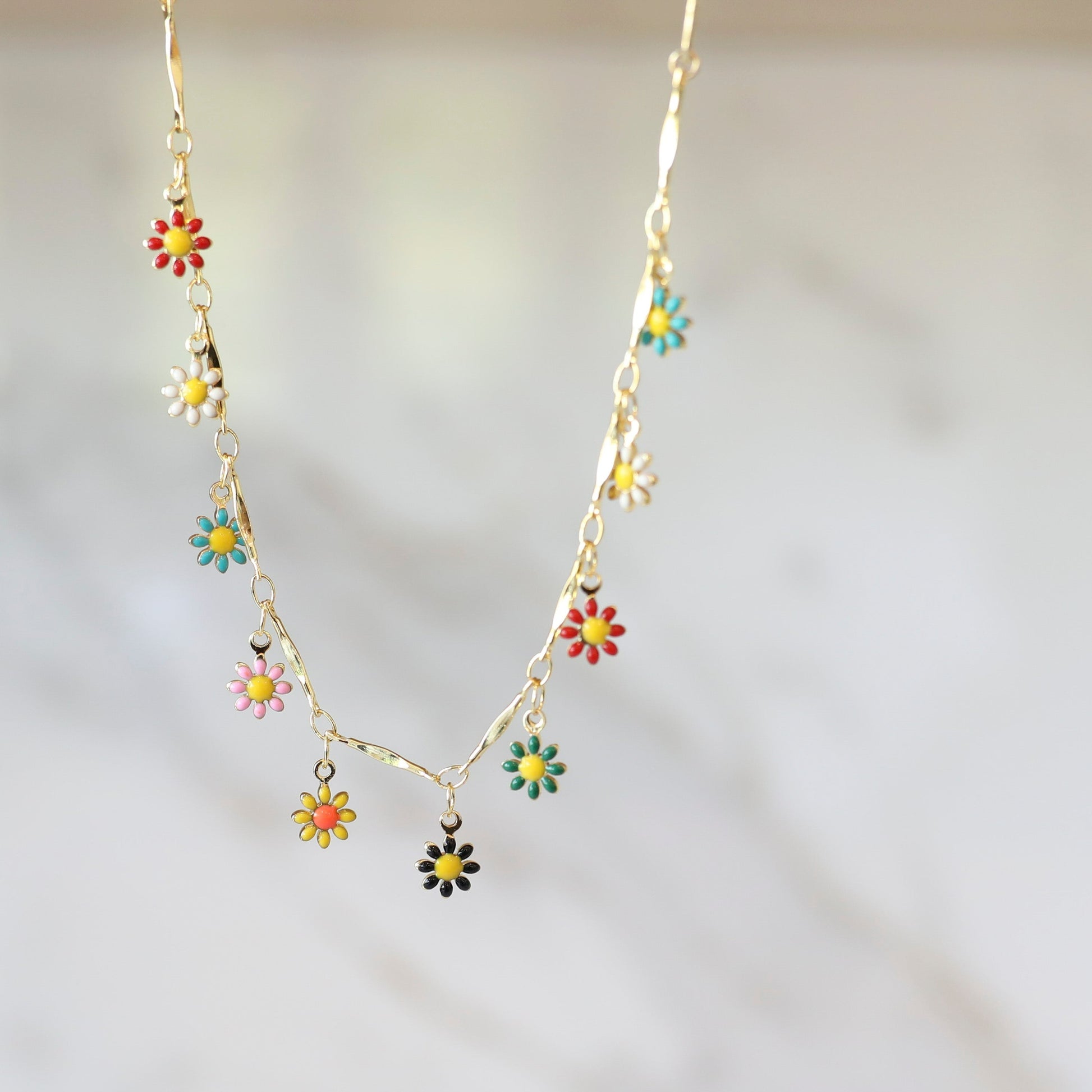 Multicolored Enamel Daisy Charm Layering Necklace 