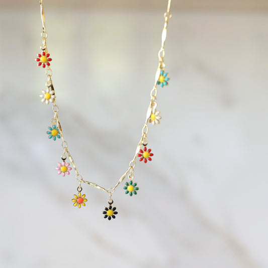 Multicolored Enamel Daisy Charm Layering Necklace 