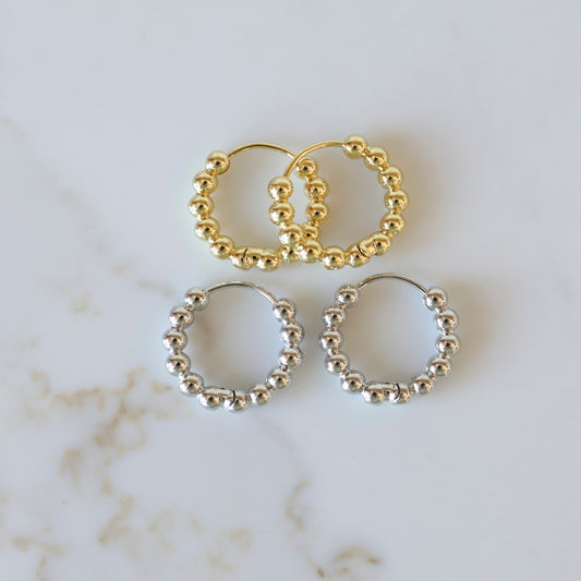 Round Beaded Hoops available in Gold or Silver