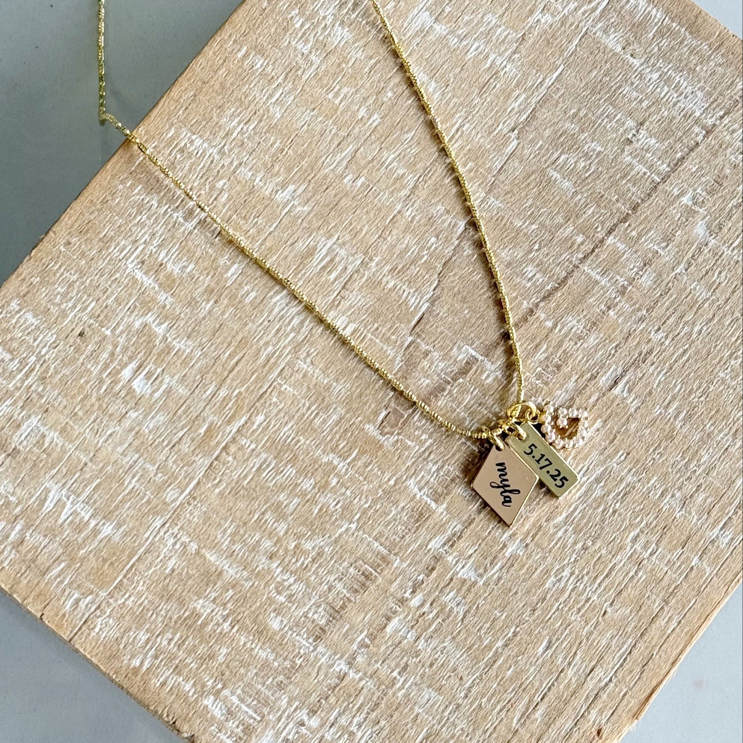 Mini Engraved Charm Necklace with a pearl G initial on a tube chain