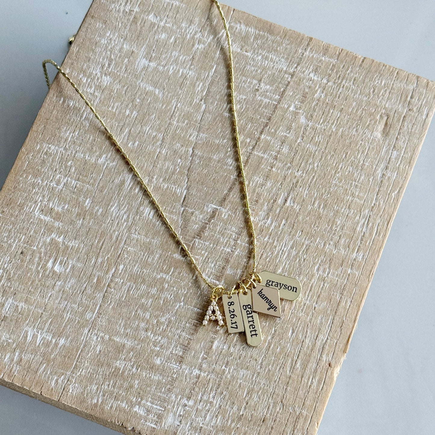 Mini Engraved Charm Necklace with a pearl A initial on a tube chain