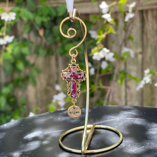 Memory Flower Gold Cross Ornament with stamped charm >