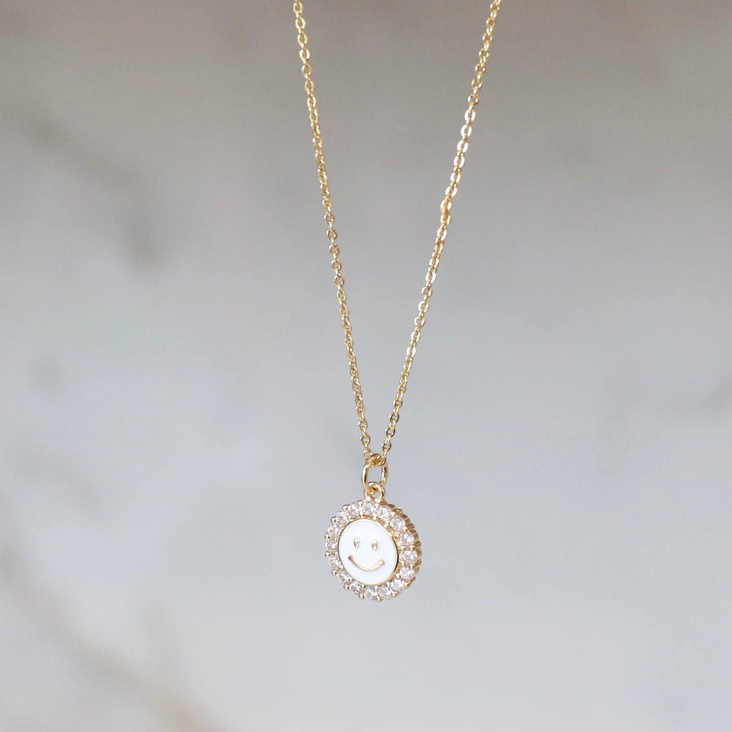 Smiley Face Necklace with Cubic Zirconia - White