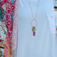 Memory Flower Diamond Hoop Charm Necklace -long  gold necklace using pink flowers with charms dangling >