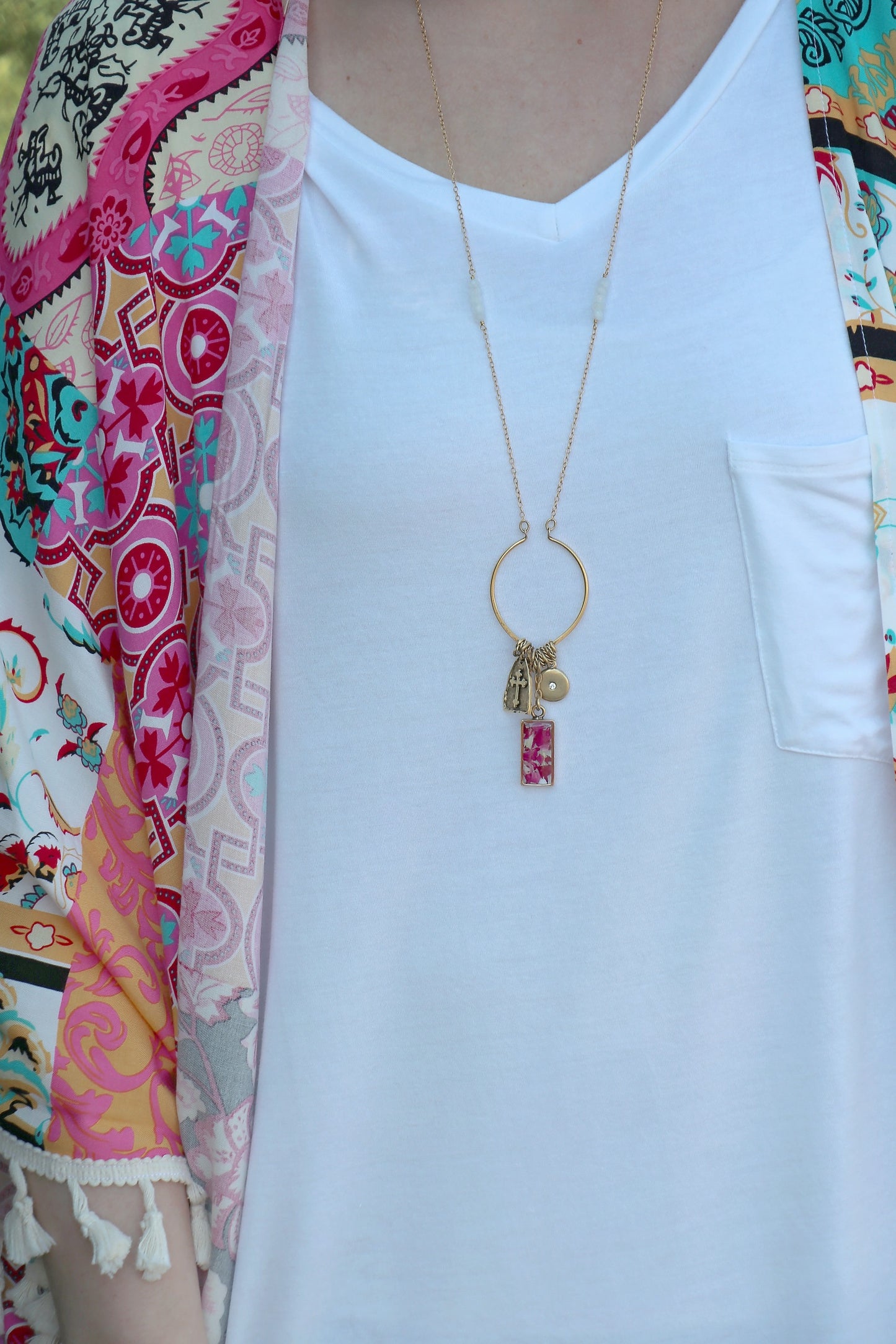 Memory Flower Diamond Hoop Charm Necklace -long  gold necklace using pink flowers with charms dangling >